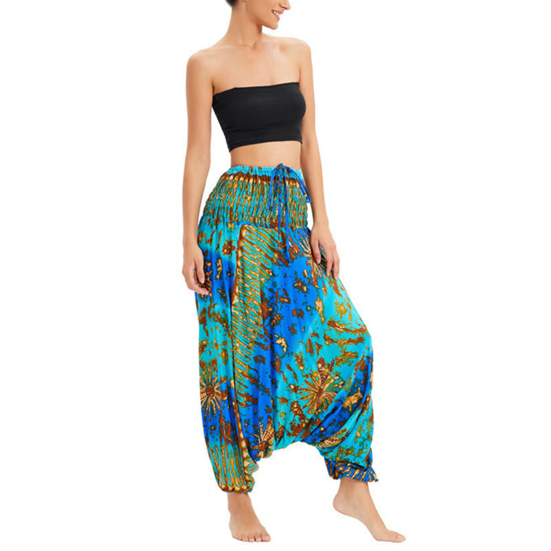 Two Style Wear Gradient Colorful Loose Smocked Harem Trousers Jumpsuit High Waist Pants