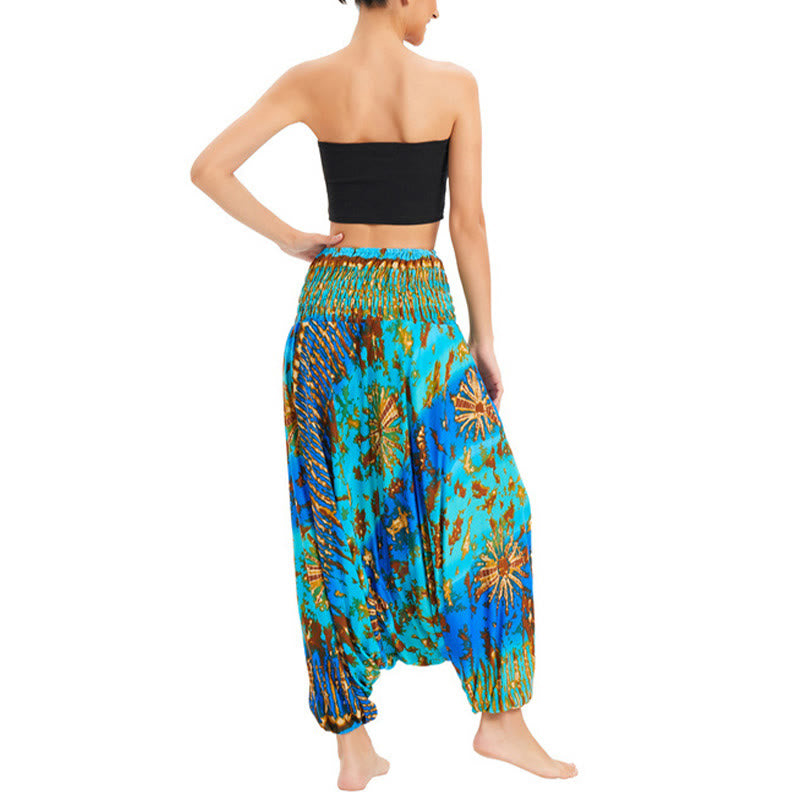Two Style Wear Gradient Colorful Loose Smocked Harem Trousers Jumpsuit High Waist Pants