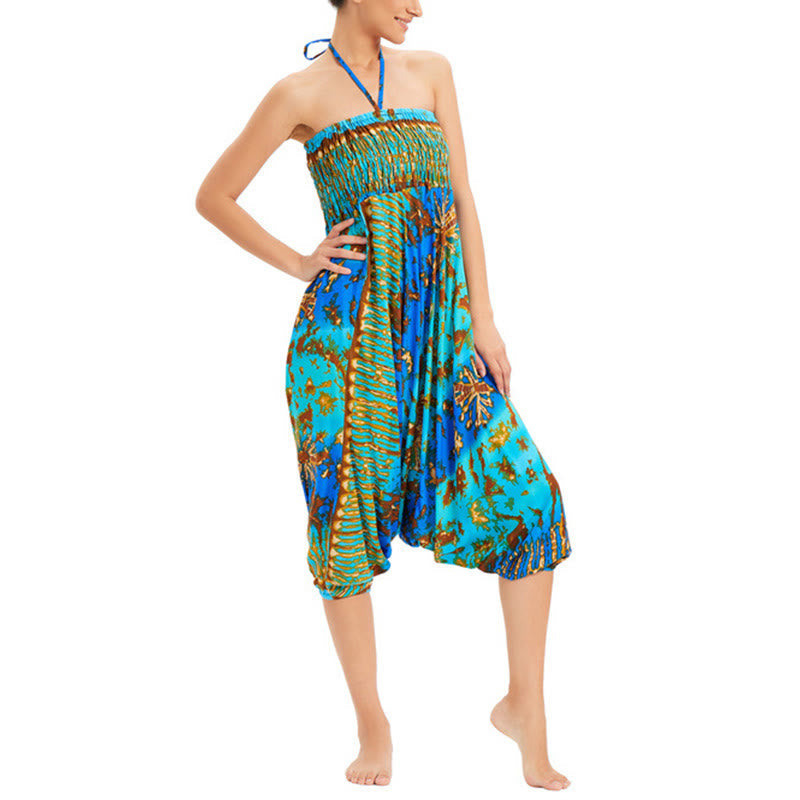 Two Style Wear Gradient Colorful Loose Smocked Harem Trousers Jumpsuit High Waist Pants