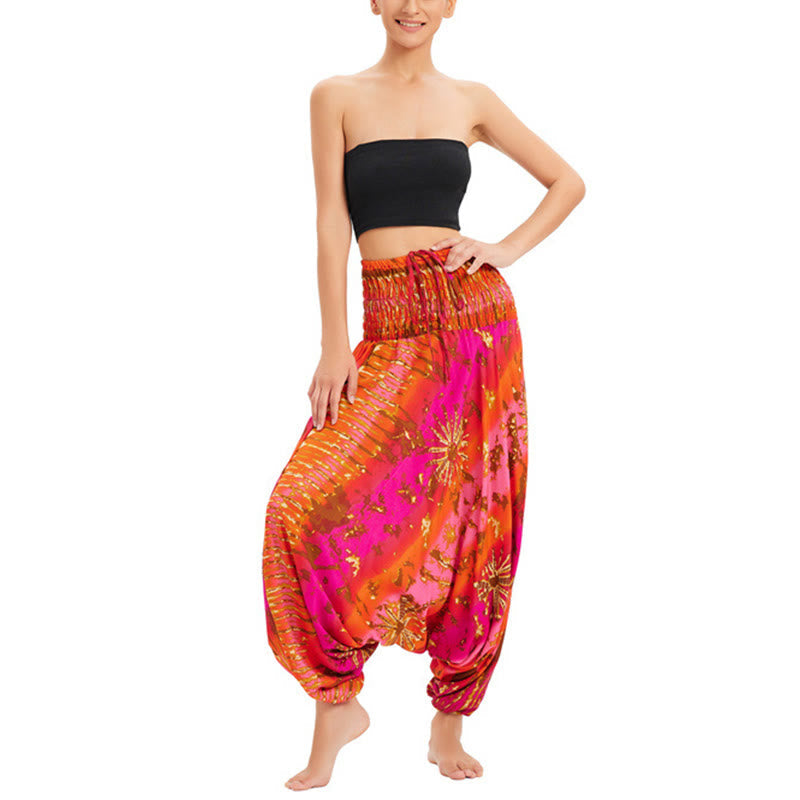 Two Style Wear Gradient Colorful Loose Smocked Harem Trousers Jumpsuit High Waist Pants