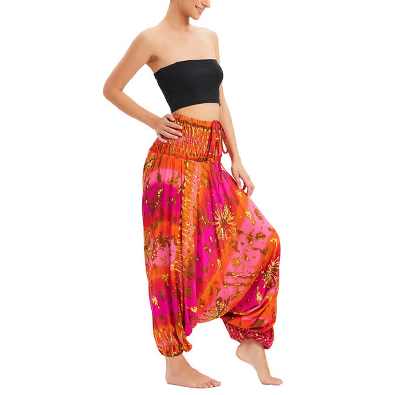 Two Style Wear Gradient Colorful Loose Smocked Harem Trousers Jumpsuit High Waist Pants