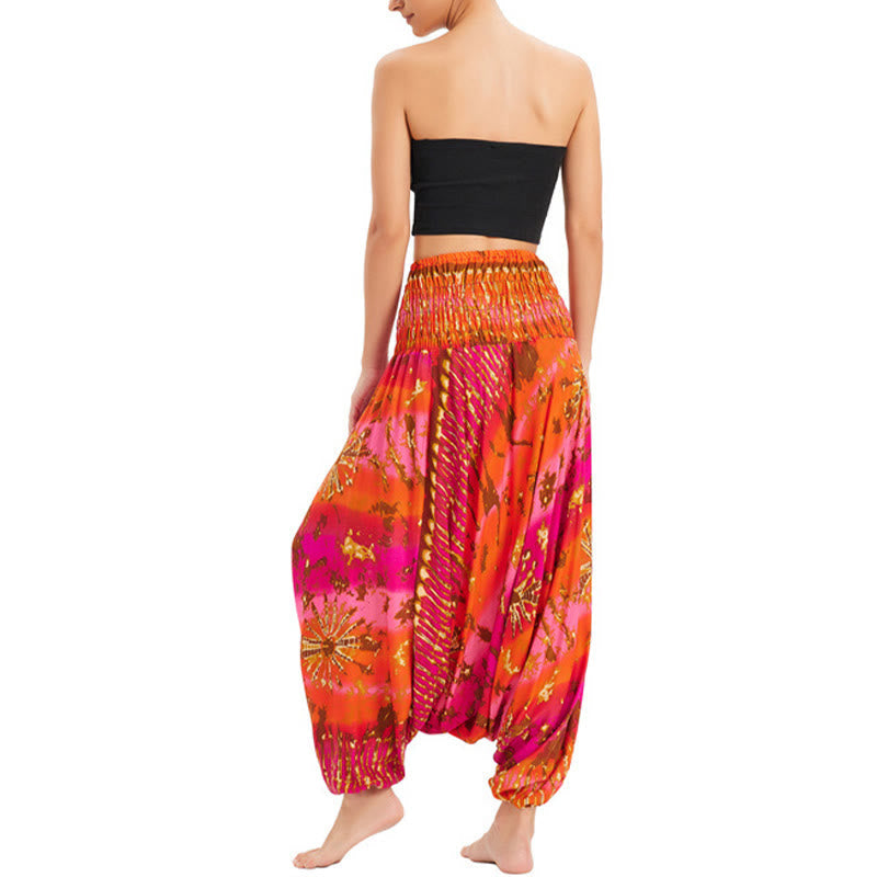 Two Style Wear Gradient Colorful Loose Smocked Harem Trousers Jumpsuit High Waist Pants
