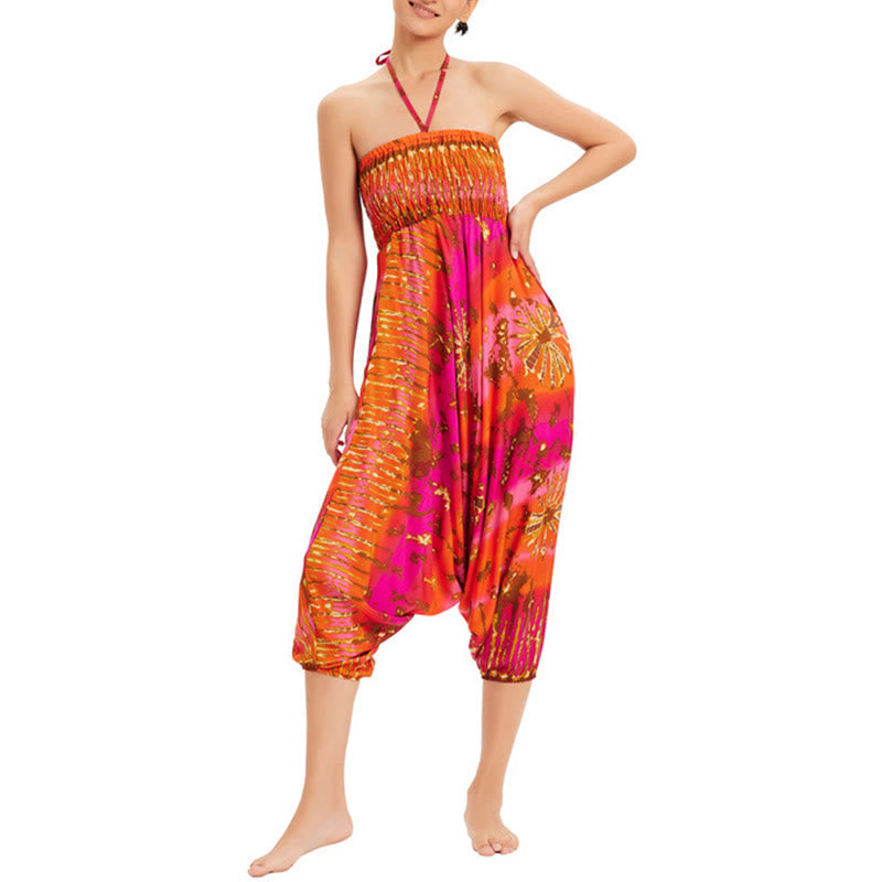 Two Style Wear Gradient Colorful Loose Smocked Harem Trousers Jumpsuit High Waist Pants