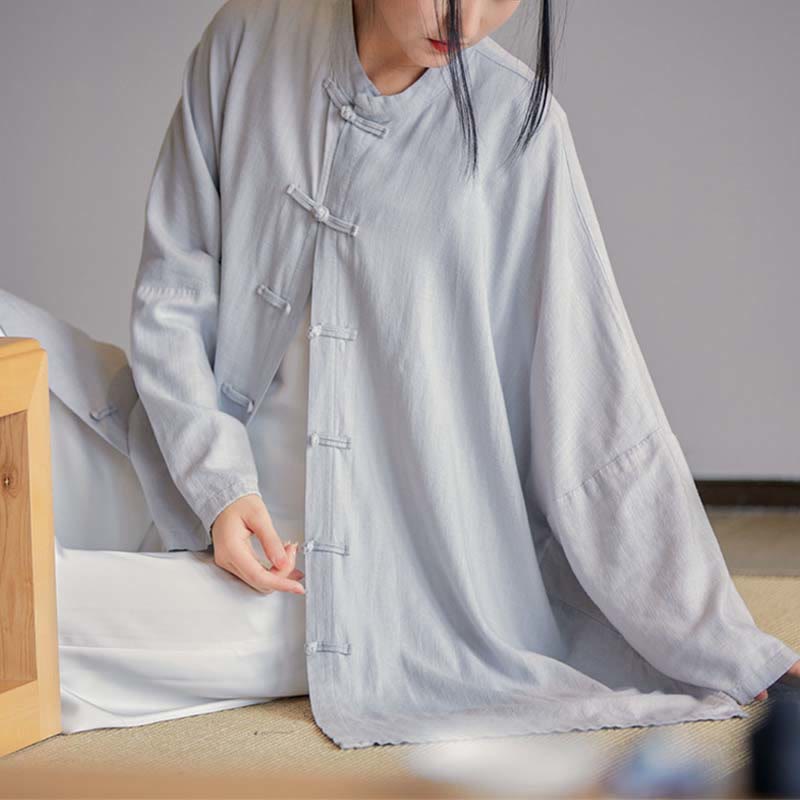 Plain Frog-Button Design Shirt Zen Tai Chi Meditation Top Clothing Cotton Linen Jacket
