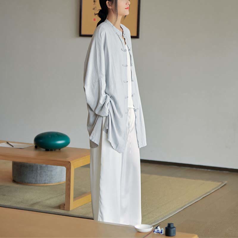 Plain Frog-Button Design Shirt Zen Tai Chi Meditation Top Clothing Cotton Linen Jacket