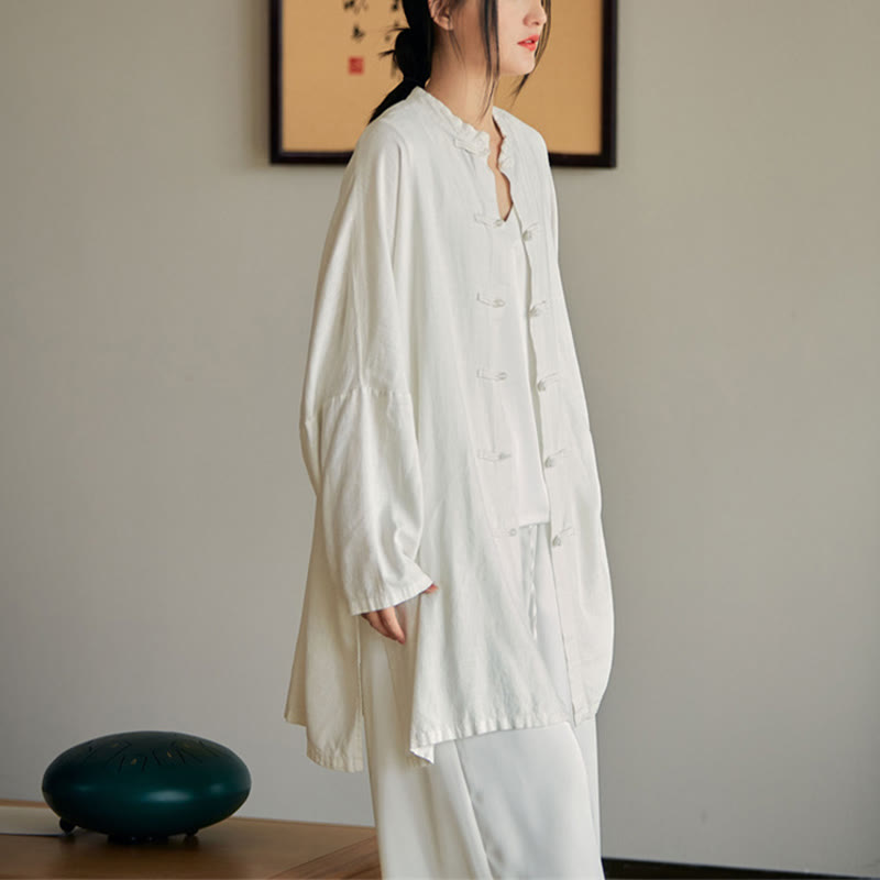 Plain Frog-Button Design Shirt Zen Tai Chi Meditation Top Clothing Cotton Linen Jacket