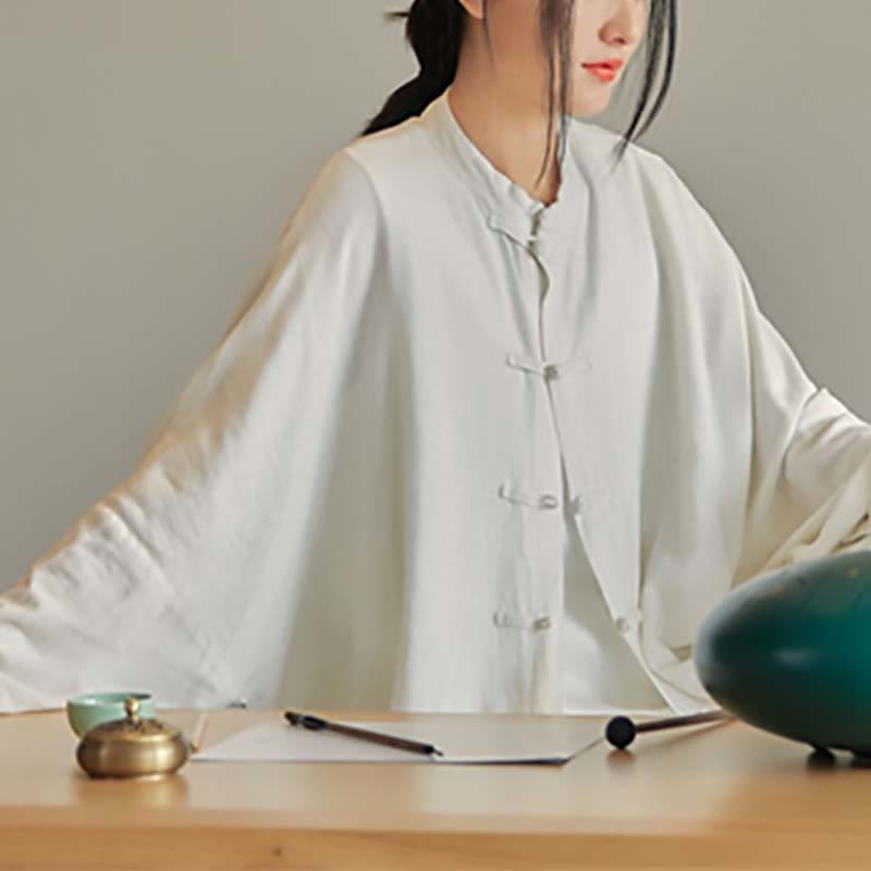 Plain Frog-Button Design Shirt Zen Tai Chi Meditation Top Clothing Cotton Linen Jacket