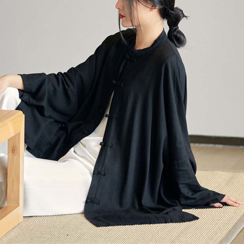 Plain Frog-Button Design Shirt Zen Tai Chi Meditation Top Clothing Cotton Linen Jacket