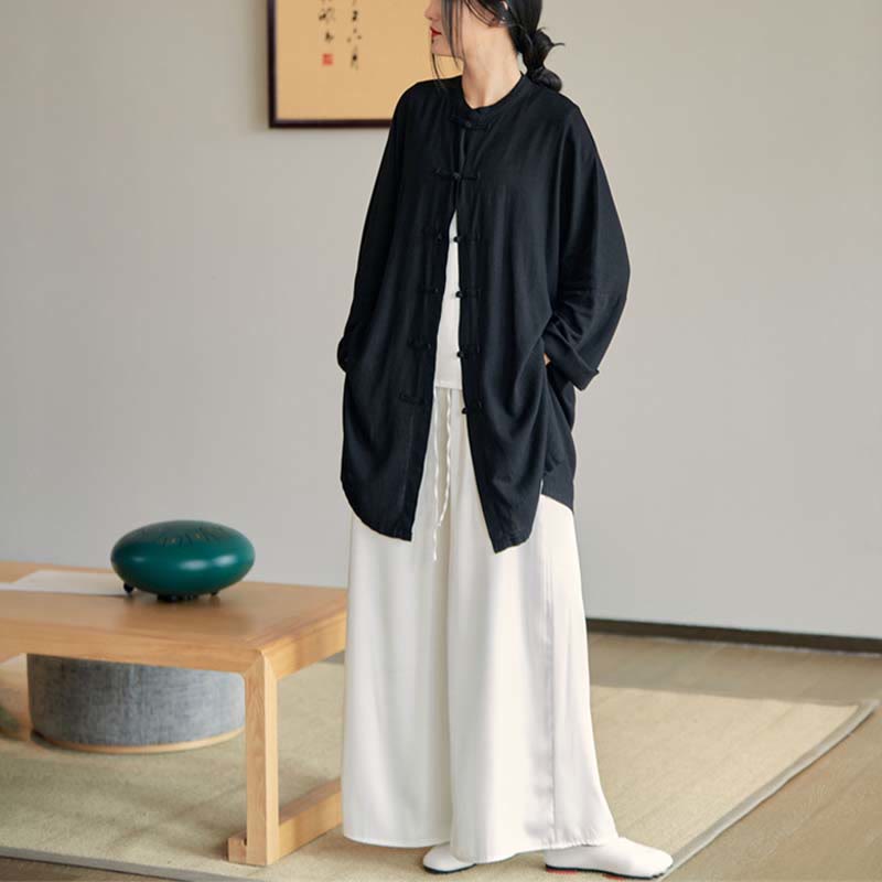 Plain Frog-Button Design Shirt Zen Tai Chi Meditation Top Clothing Cotton Linen Jacket