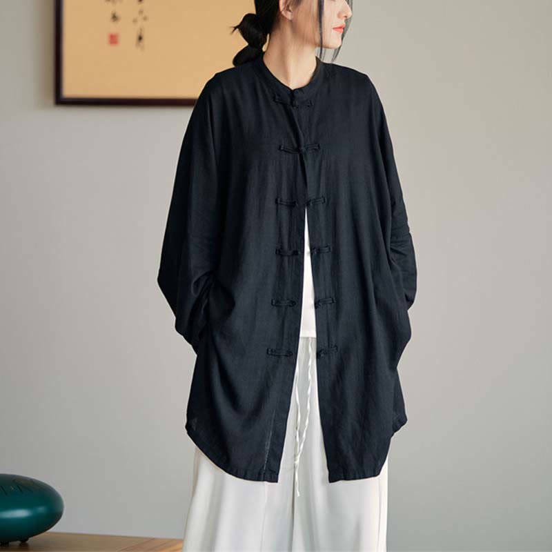 Plain Frog-Button Design Shirt Zen Tai Chi Meditation Top Clothing Cotton Linen Jacket