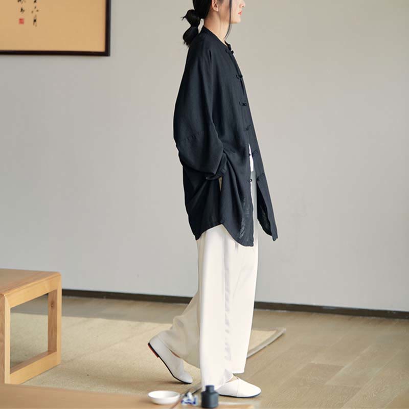 Plain Frog-Button Design Shirt Zen Tai Chi Meditation Top Clothing Cotton Linen Jacket