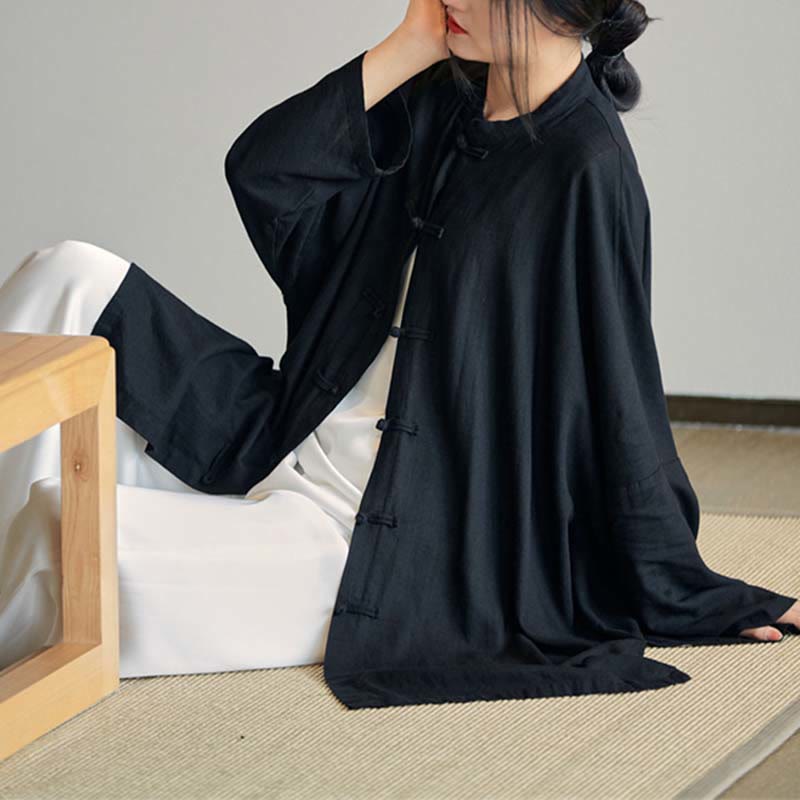 Plain Frog-Button Design Shirt Zen Tai Chi Meditation Top Clothing Cotton Linen Jacket