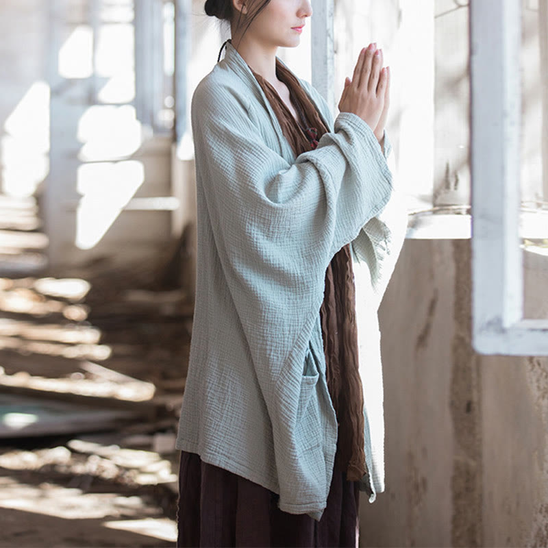 Plain Design Long Sleeve Coat Zen Meditation Open Front Top Cotton Jacket