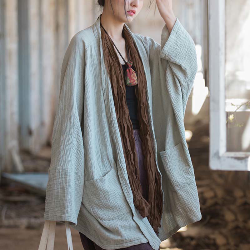 Plain Design Long Sleeve Coat Zen Meditation Open Front Top Cotton Jacket