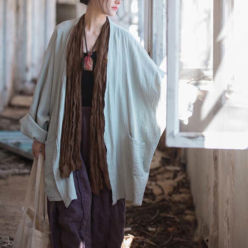Plain Design Long Sleeve Coat Zen Meditation Open Front Top Cotton Jacket