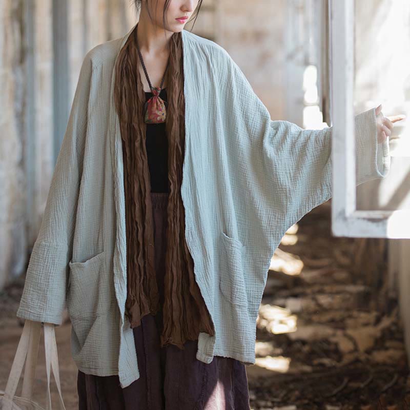 Plain Design Long Sleeve Coat Zen Meditation Open Front Top Cotton Jacket