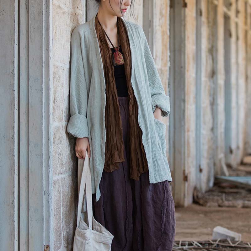 Plain Design Long Sleeve Coat Zen Meditation Open Front Top Cotton Jacket