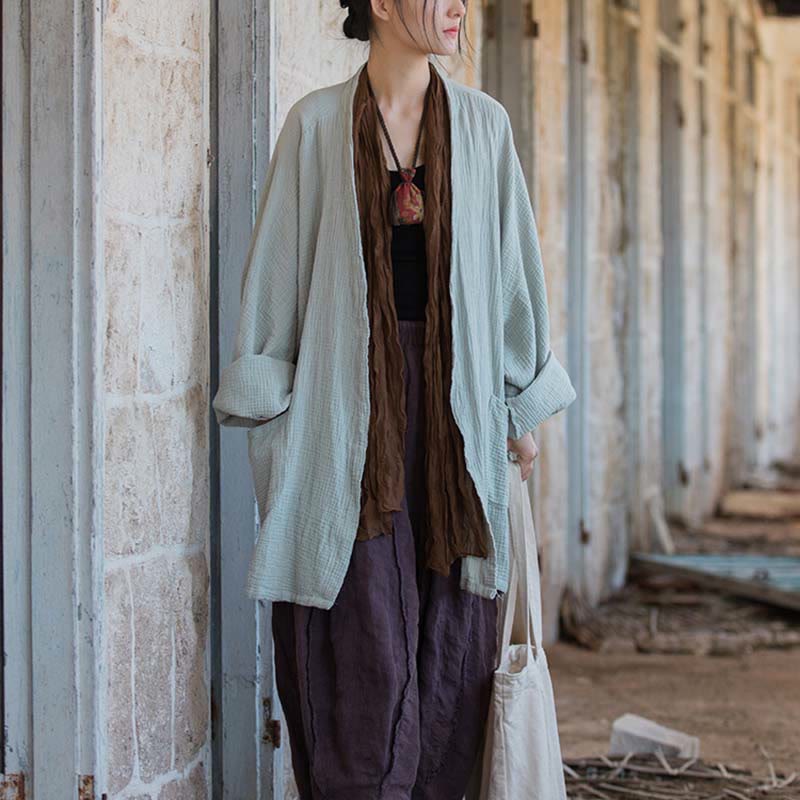 Plain Design Long Sleeve Coat Zen Meditation Open Front Top Cotton Jacket