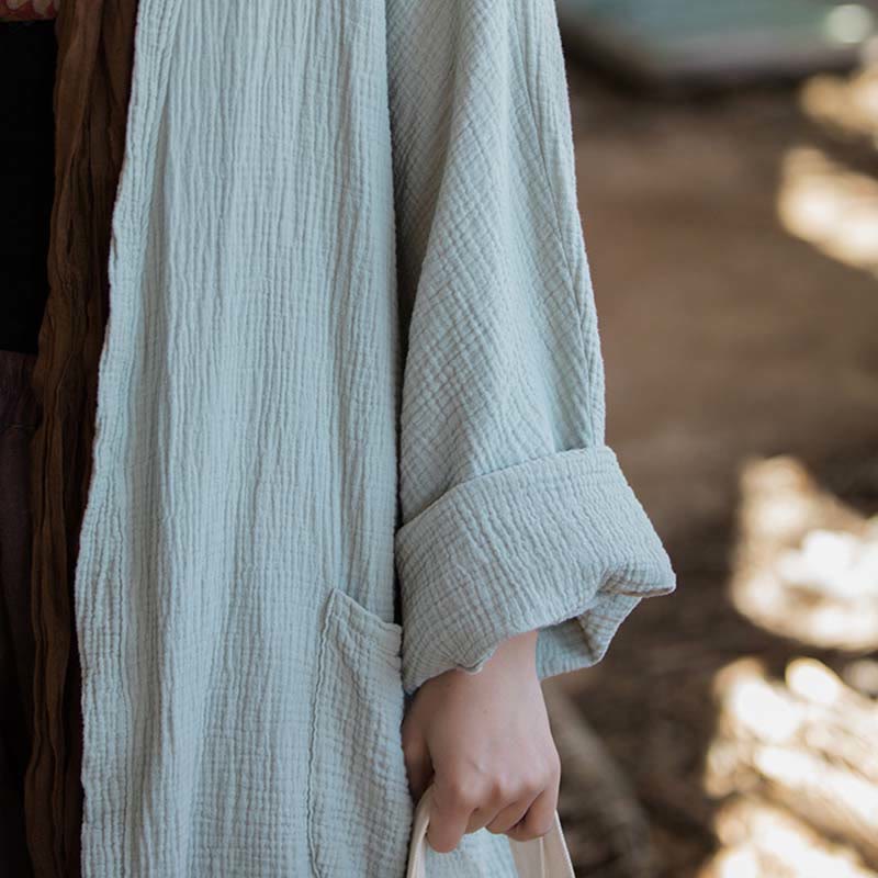Plain Design Long Sleeve Coat Zen Meditation Open Front Top Cotton Jacket