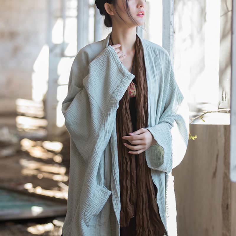 Plain Design Long Sleeve Coat Zen Meditation Open Front Top Cotton Jacket