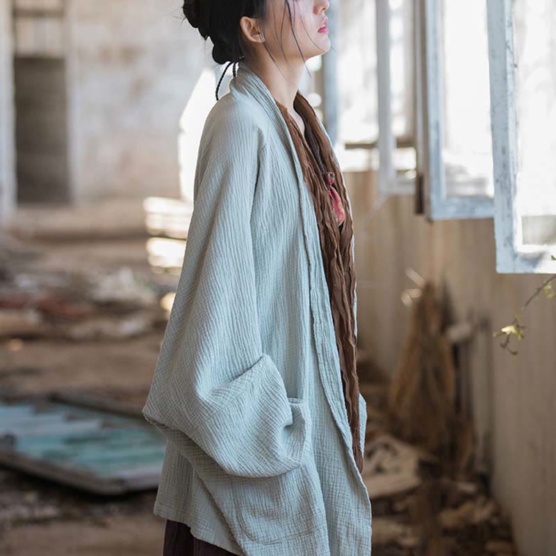 Plain Design Long Sleeve Coat Zen Meditation Open Front Top Cotton Jacket