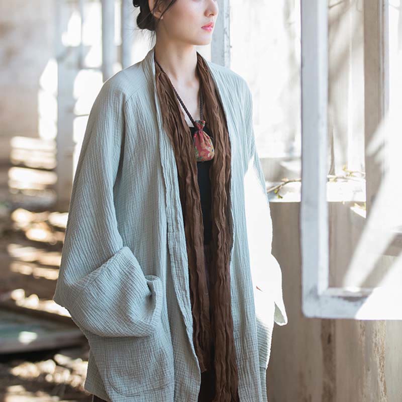 Plain Design Long Sleeve Coat Zen Meditation Open Front Top Cotton Jacket
