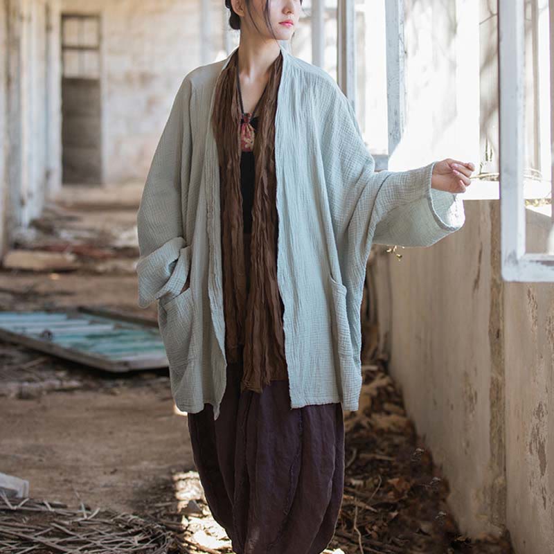 Plain Design Long Sleeve Coat Zen Meditation Open Front Top Cotton Jacket