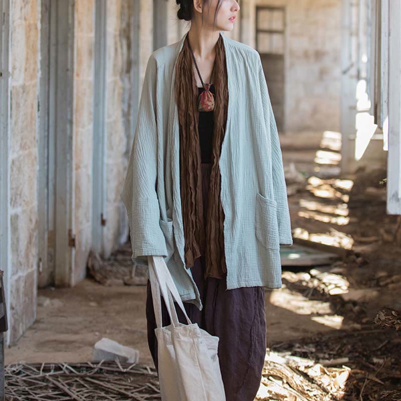 Plain Design Long Sleeve Coat Zen Meditation Open Front Top Cotton Jacket