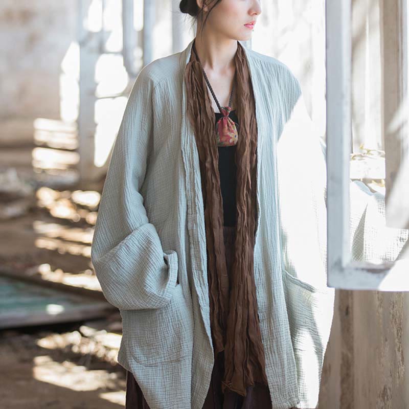 Plain Design Long Sleeve Coat Zen Meditation Open Front Top Cotton Jacket