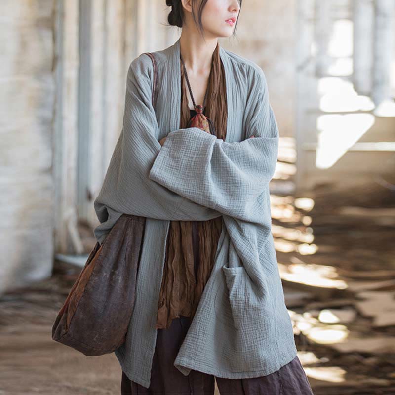 Plain Design Long Sleeve Coat Zen Meditation Open Front Top Cotton Jacket