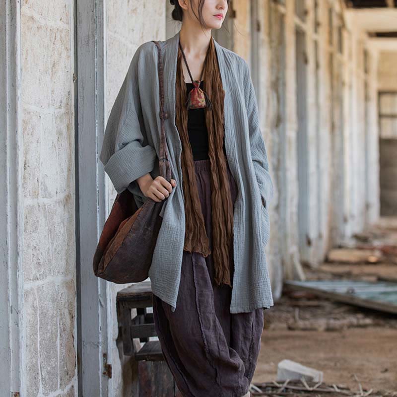 Plain Design Long Sleeve Coat Zen Meditation Open Front Top Cotton Jacket