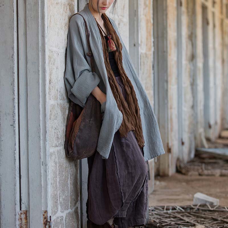 Plain Design Long Sleeve Coat Zen Meditation Open Front Top Cotton Jacket