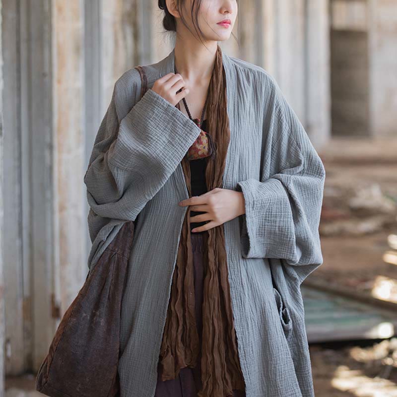 Plain Design Long Sleeve Coat Zen Meditation Open Front Top Cotton Jacket