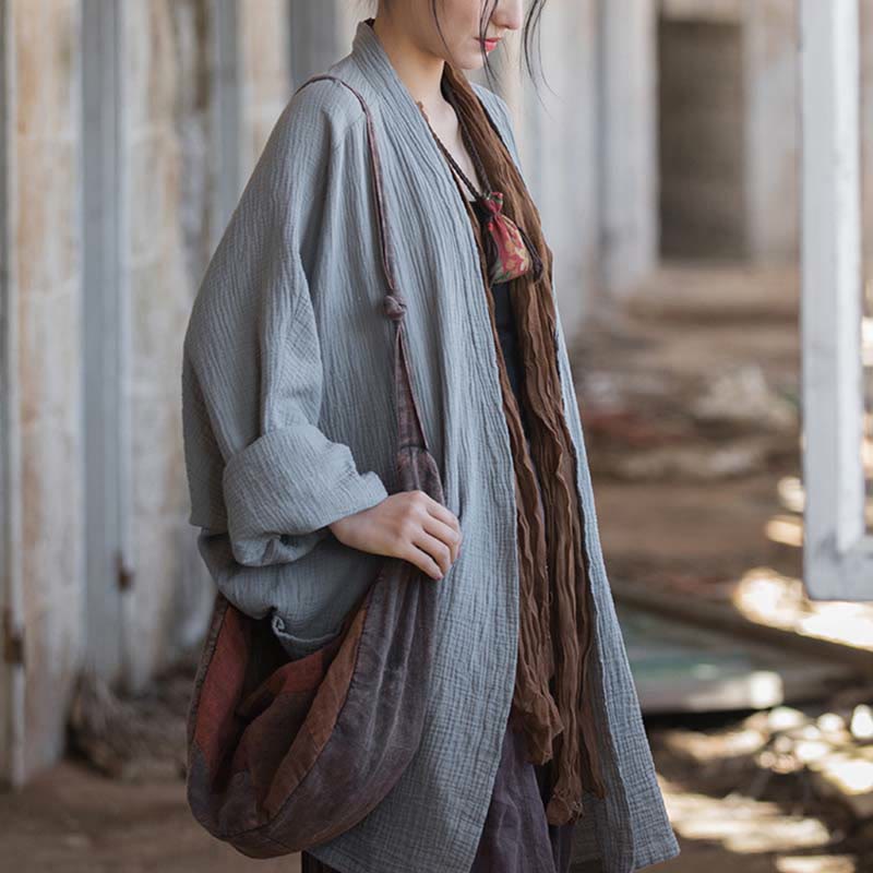 Plain Design Long Sleeve Coat Zen Meditation Open Front Top Cotton Jacket