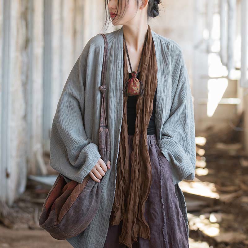 Plain Design Long Sleeve Coat Zen Meditation Open Front Top Cotton Jacket