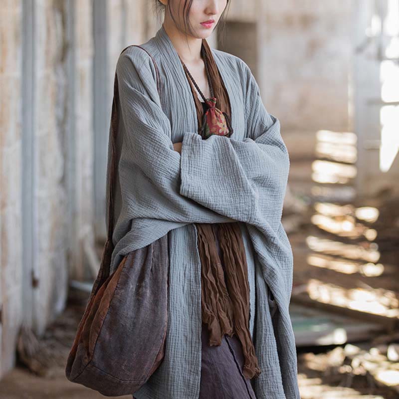 Plain Design Long Sleeve Coat Zen Meditation Open Front Top Cotton Jacket