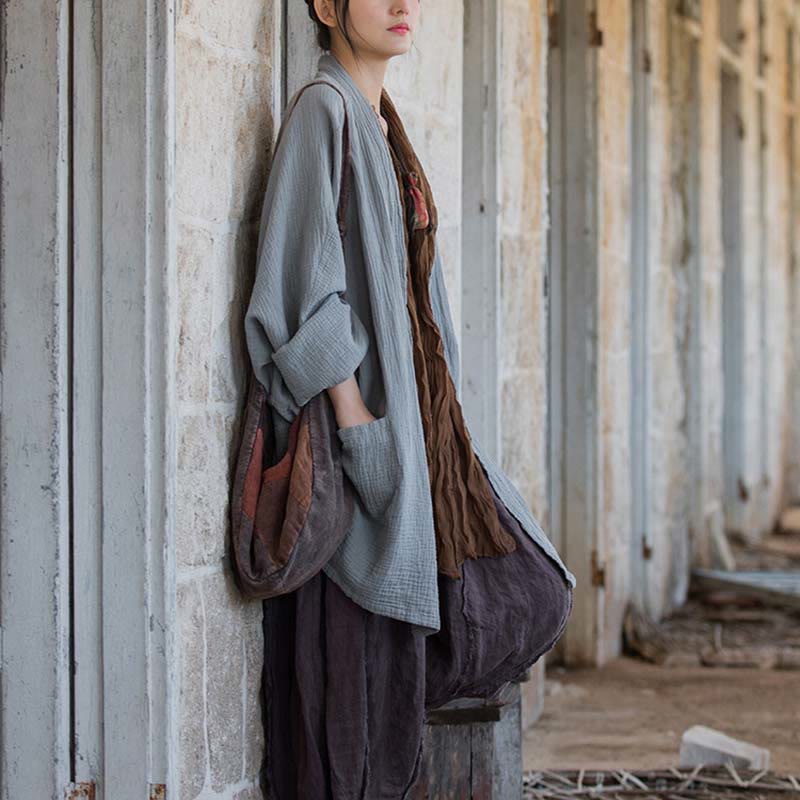 Plain Design Long Sleeve Coat Zen Meditation Open Front Top Cotton Jacket