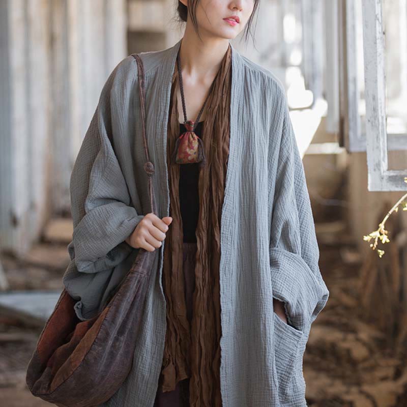 Plain Design Long Sleeve Coat Zen Meditation Open Front Top Cotton Jacket