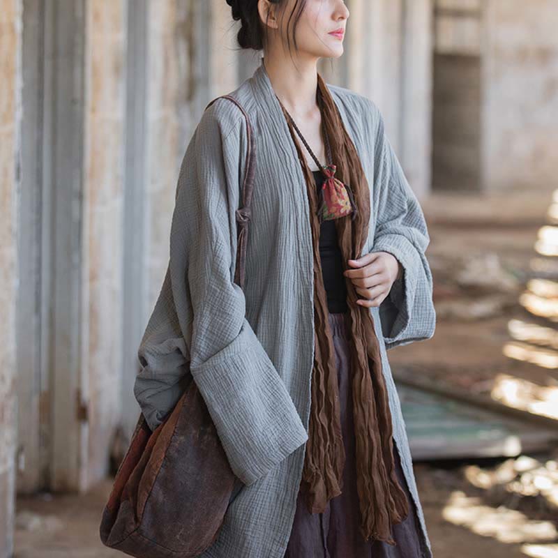 Plain Design Long Sleeve Coat Zen Meditation Open Front Top Cotton Jacket