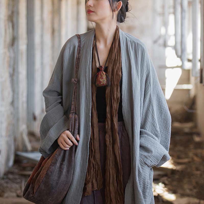 Plain Design Long Sleeve Coat Zen Meditation Open Front Top Cotton Jacket
