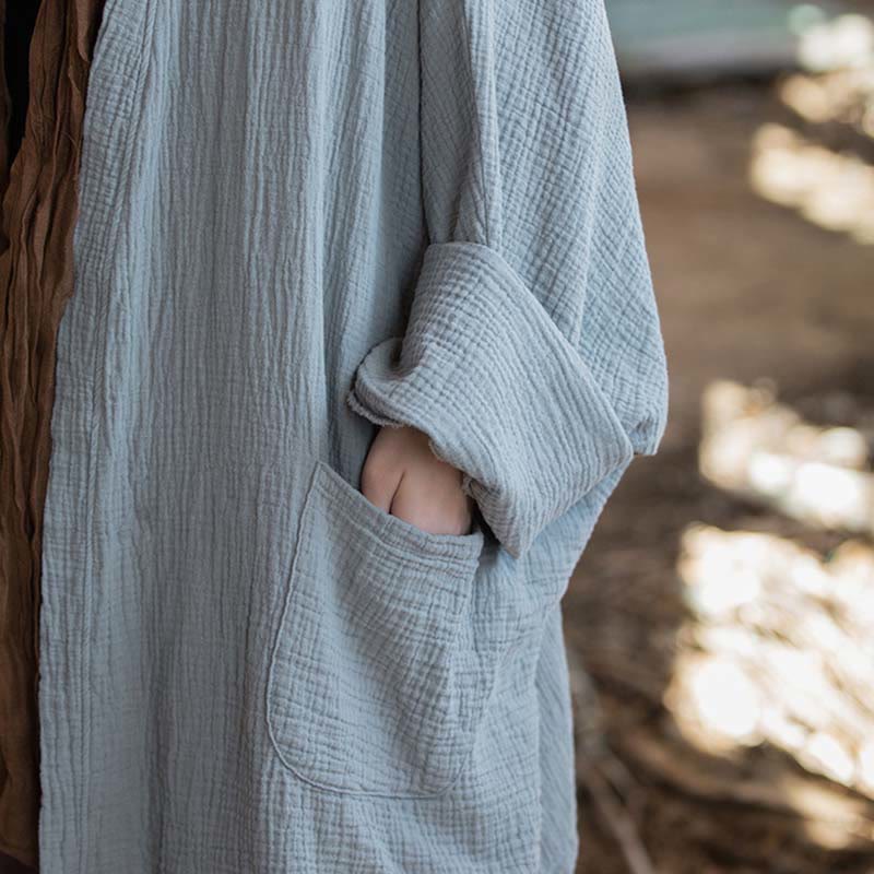 Plain Design Long Sleeve Coat Zen Meditation Open Front Top Cotton Jacket