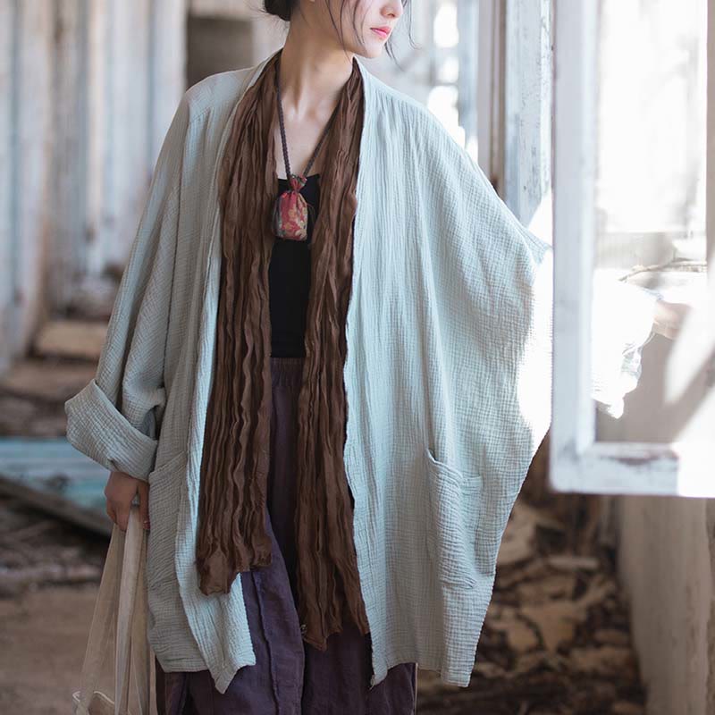 Plain Design Long Sleeve Coat Zen Meditation Open Front Top Cotton Jacket