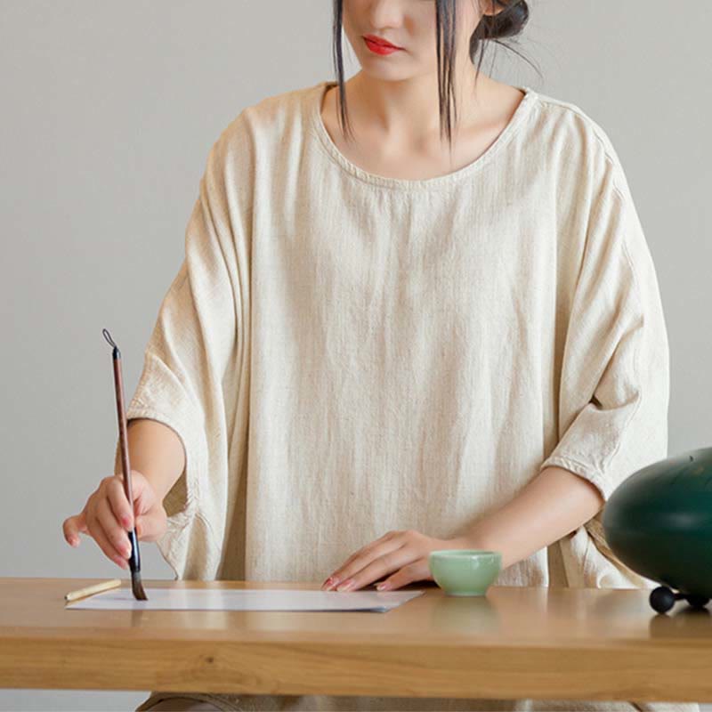 Tactile Linen Loose Three-Quarter Sleeve Meditation Tee