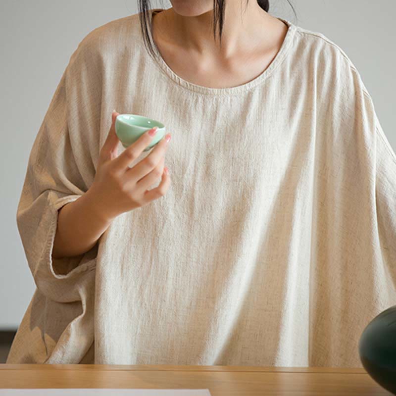 Tactile Linen Loose Three-Quarter Sleeve Meditation Tee