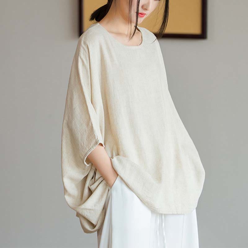 Tactile Linen Loose Three-Quarter Sleeve Meditation Tee