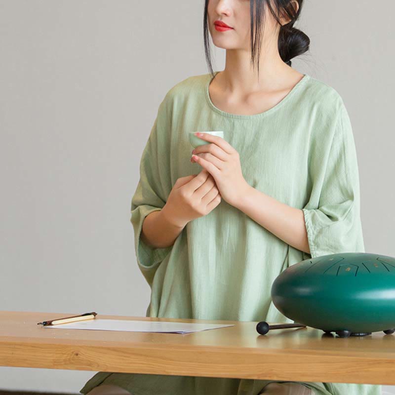 Tactile Linen Loose Three-Quarter Sleeve Meditation Tee