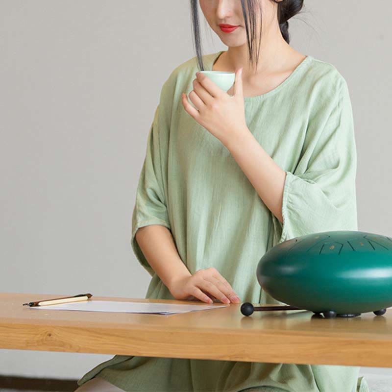 Tactile Linen Loose Three-Quarter Sleeve Meditation Tee