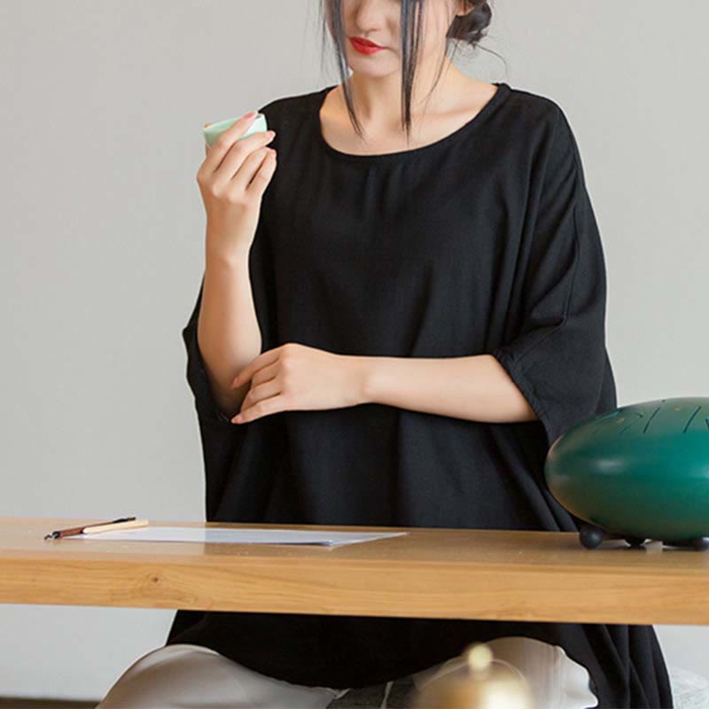 Tactile Linen Loose Three-Quarter Sleeve Meditation Tee