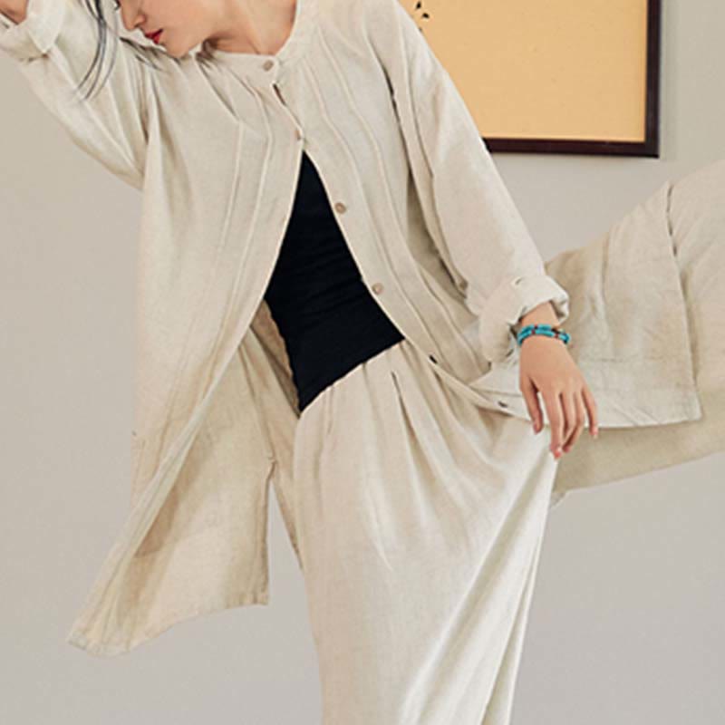 Plain Long Sleeve Coat Jacket Top Wide Leg Pants Zen Tai Chi Yoga Meditation Clothing