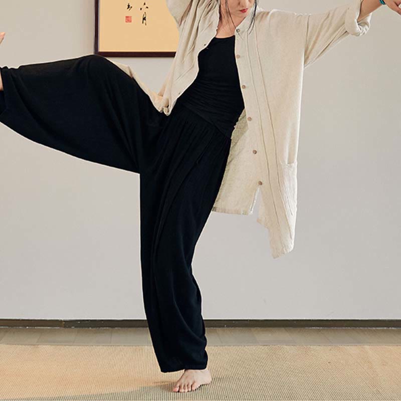 Plain Long Sleeve Coat Jacket Top Wide Leg Pants Zen Tai Chi Yoga Meditation Clothing